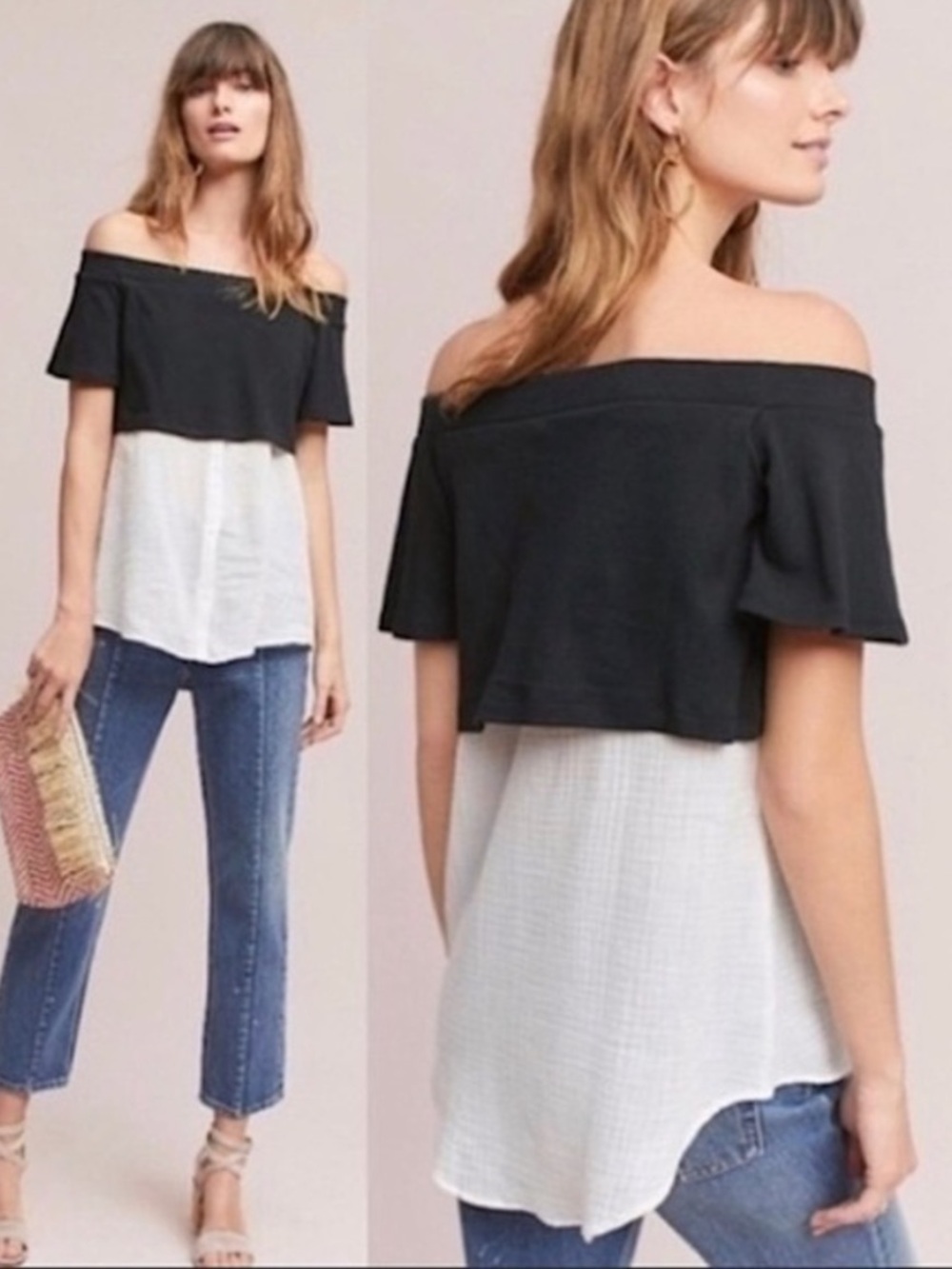 Anthropologie Postmark Off Shoulder Mixed Media High Low Top Black White Casual